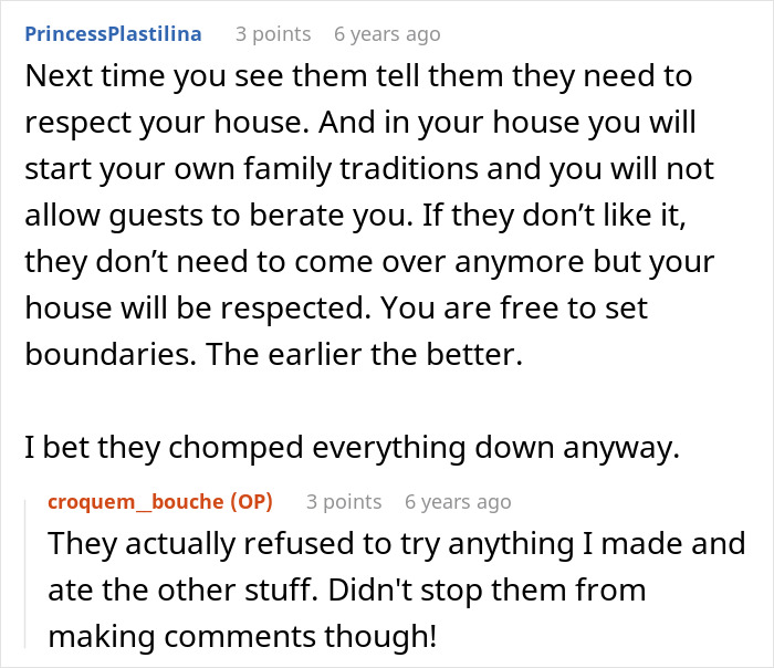 Commenters discuss in-laws making fun of woman for Thanksgiving dinner and setting boundaries to handle holiday criticism. Commenters discuss in-laws making fun of woman for Thanksgiving dinner and setting boundaries to handle holiday criticism.