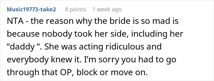 Comment explaining why the bride is mad about cousin&rsquo;s dress at the wedding, advising to block or move on.