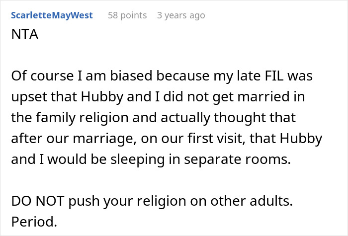 Screenshot of a forum comment discussing MIL making son's girlfriend sleep in a different room and religious expectations.