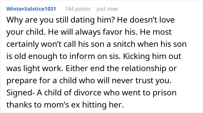 Comment highlighting boyfriend and daughter snitch drama, urging to end the relationship for trust issues. Comment highlighting boyfriend and daughter snitch drama, urging to end the relationship for trust issues.