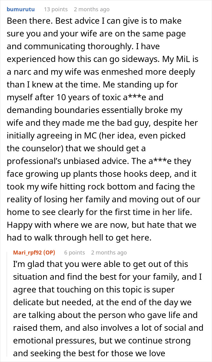 Comment discussing MIL plays the victim and family cutting contact with gay couple amid toxic boundaries and emotional pressures.