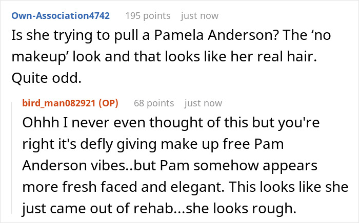 Screenshot of online comments discussing Meghan Markle's makeup-free look, describing it as rough and unusual.