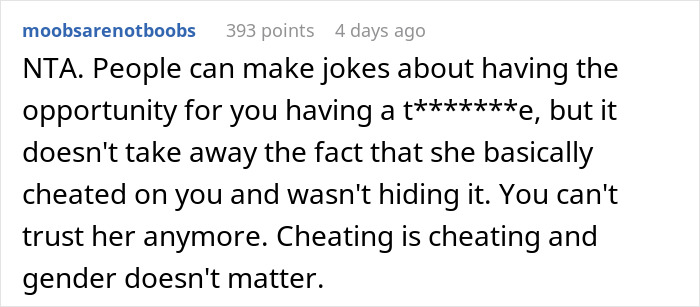 Comment discussing cheating and trust issues after girlfriend kisses another woman in front of friends, causing breakup tension.