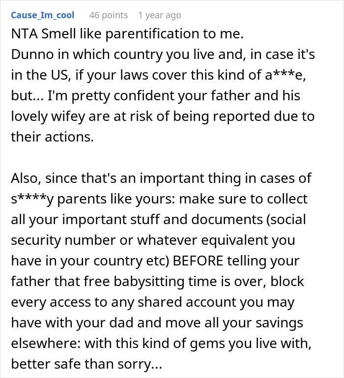 Screenshot of a Reddit comment discussing a teen telling dad she&rsquo;s never going to babysit step-siblings again.