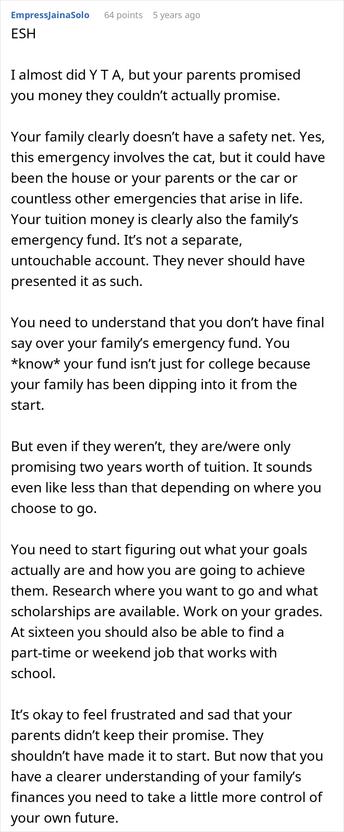 Screenshot of a Reddit comment discussing parents using a 16YO's college fund for cat surgery and the teen's reaction.