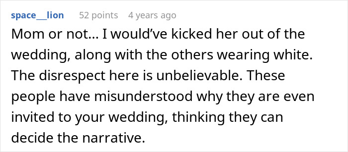 Screenshot of a forum comment about a son appalled by mom’s behavior ruining his wedding day. Screenshot of a forum comment about a son appalled by mom’s behavior ruining his wedding day.