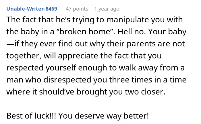 Screenshot of a Reddit comment discussing a man cheating during pregnancy and postpartum and relationship breakup.