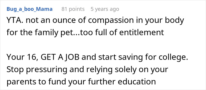 Comment discussing a teen refusing parents&rsquo; plan to use $3k from college fund for the cat&rsquo;s surgery.