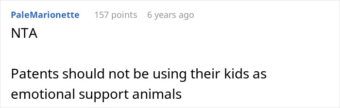 Screenshot of a forum comment discussing emotional support animals related to a sad teen refusing visit to special needs stepsister hospital.
