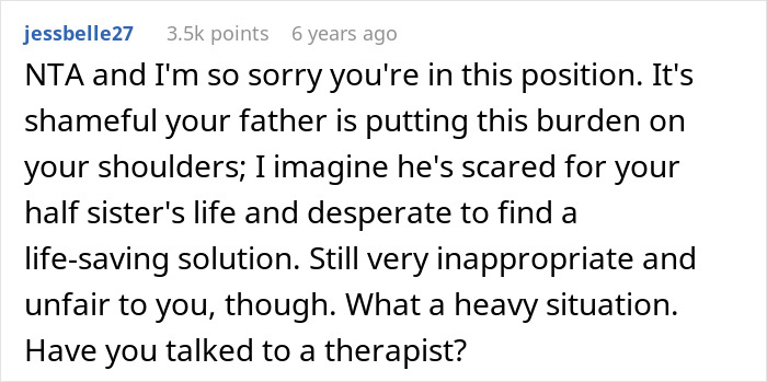 Comment expressing sympathy for woman refusing to pay for dad&rsquo;s lovechild&rsquo;s surgery with inheritance money.