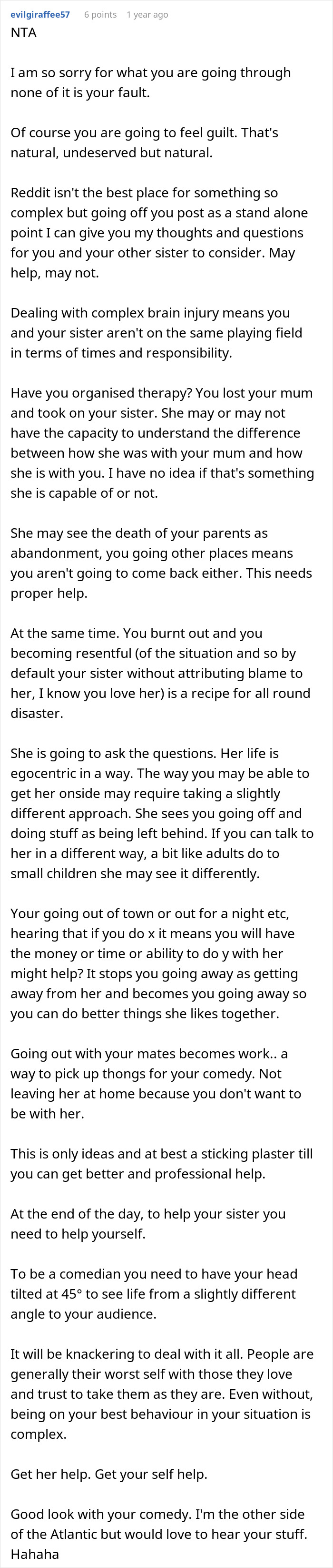 Screenshot of a Reddit post discussing caretaker frustration and guilt trips after years of sacrificing career for sibling care.