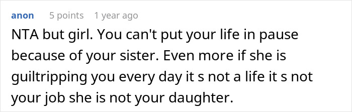 Screenshot of an online comment discussing a caretaker frustrated by constant guilt trips from her sister.