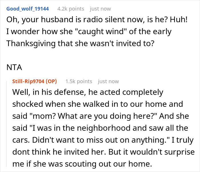 Comments on forum showing MIL hogging Thanksgiving food and pouting when confronted by daughter-in-law. Comments on forum showing MIL hogging Thanksgiving food and pouting when confronted by daughter-in-law.