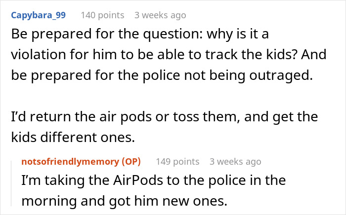 Online discussion about ex-husband giving traceable AirPods to son, with mom horrified and concerned about privacy risks.