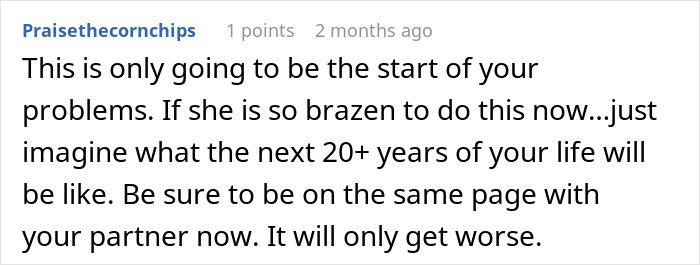 Comment expressing concern about issues caused by mother-in-law sending secret wedding invites to protect family image.