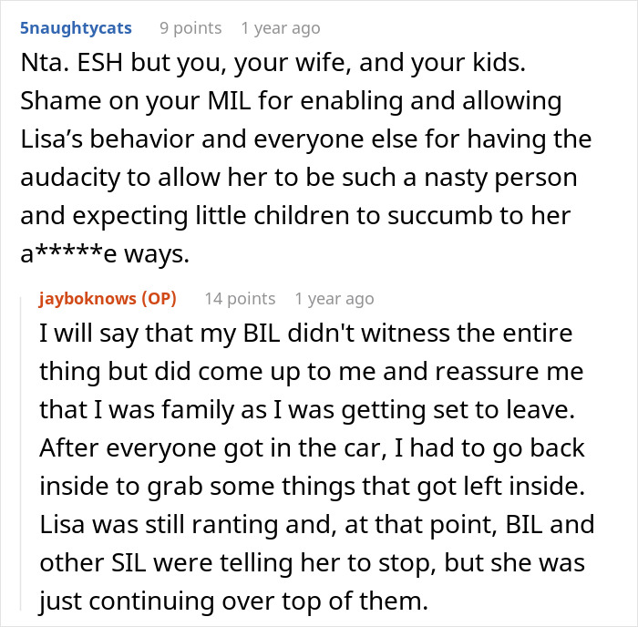 Reddit comments discussing a husband dragging wife and kids from Thanksgiving after sister's major tantrum.