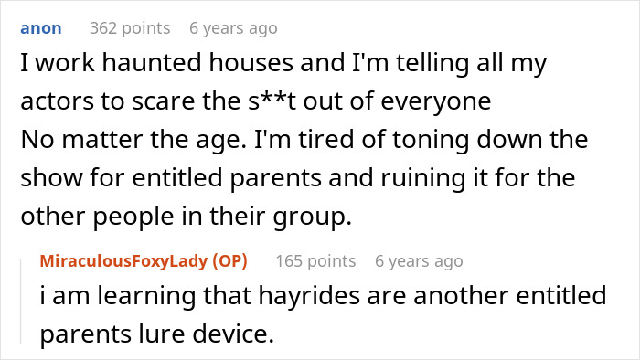 Reddit user discusses haunted hayride actors scaring guests, frustrated with entitled parents ruining the experience.
