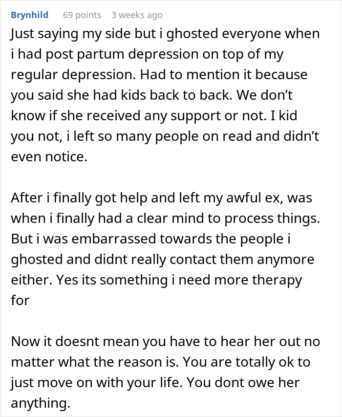 User comment sharing experience with postpartum depression and no contact, reflecting on best friend no contact returns and personal growth.