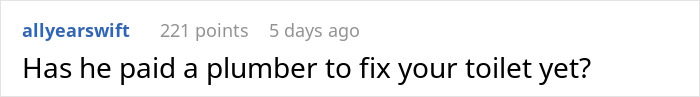 Text post showing a Reddit comment about fixing a toilet, related to GF feeling uneasy when BF mentions moving in. Text post showing a Reddit comment about fixing a toilet, related to GF feeling uneasy when BF mentions moving in.
