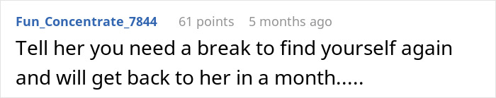 Screenshot of a forum comment suggesting taking a break to find oneself during a breakup or relationship issue. Screenshot of a forum comment suggesting taking a break to find oneself during a breakup or relationship issue.