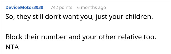 Comment discussing estranged parents expecting to meet grandkids after 20 years of neglect and son choosing to block them.