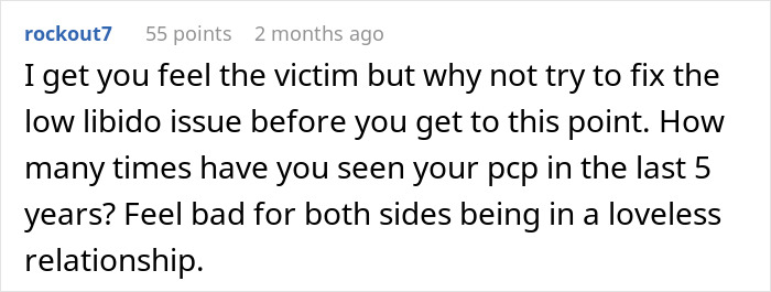 Comment discussing low libido and loveless relationship issues after husband refuses intimacy for 5 years.