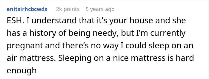 Screenshot of a Reddit comment discussing a pregnant SIL offended after being given an air mattress to sleep on.