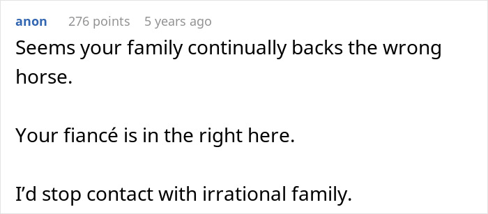 Comment on a forum post about a fianc&eacute; threatening to take the bride&rsquo;s brother to court, causing family conflict.