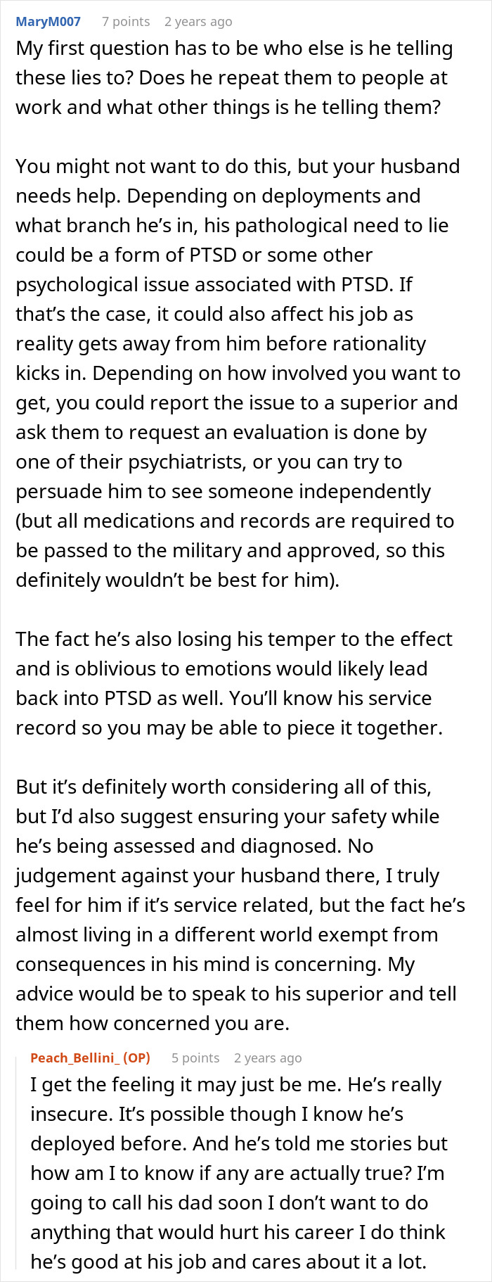 Alt text: Reddit comments discussing a man lying about a master&rsquo;s degree and the wife uncovering the truth.