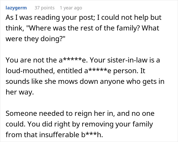 Screenshot of a Reddit comment discussing a husband dragging his wife and kids from Thanksgiving after sister&rsquo;s tantrum.