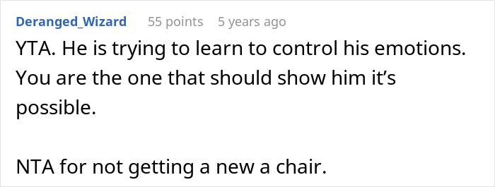 Screenshot of an online comment discussing a teen breaking a new chair and asking dad to replace it fairly.