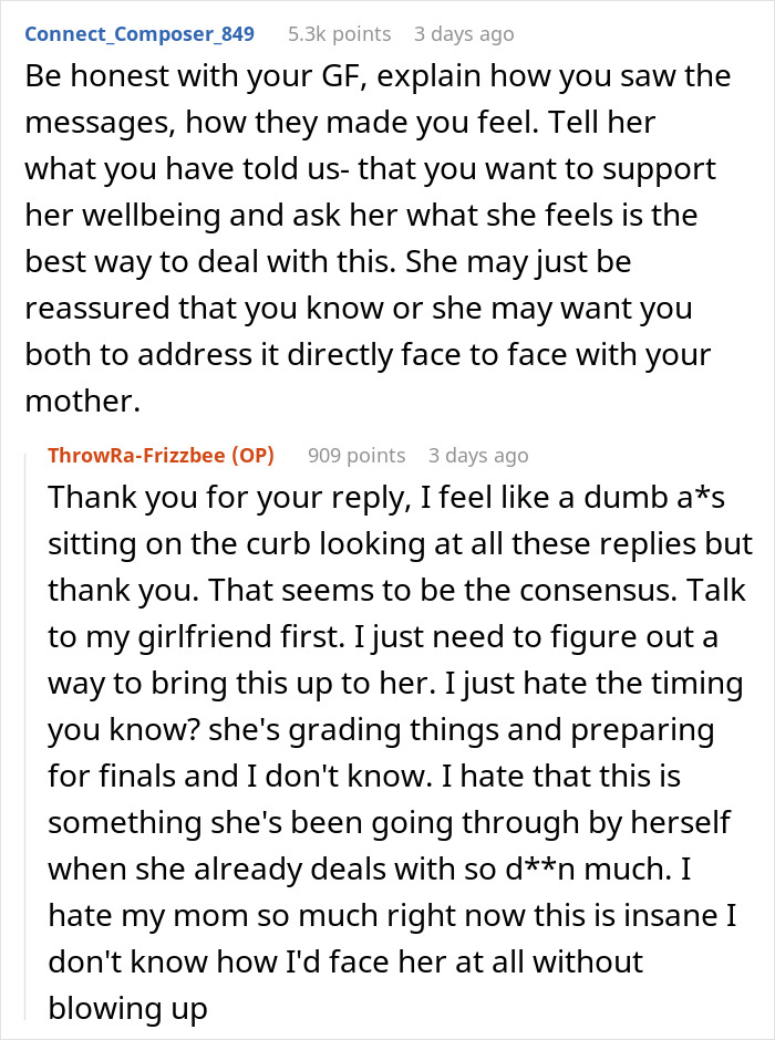 Screenshot of a text conversation discussing how a man cuts ties with his mother after her true colors are revealed.