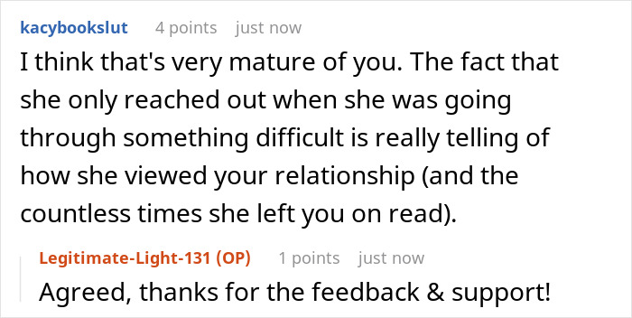 User comments on a relationship dynamic highlighting maturity and reflections on best friend no contact returns.
