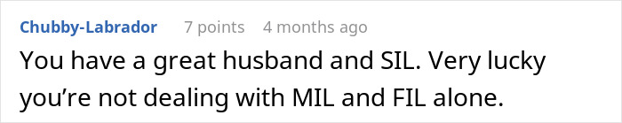 Comment about a husband and sister-in-law appreciating not dealing with mother-in-law and father-in-law alone in family dynamics.