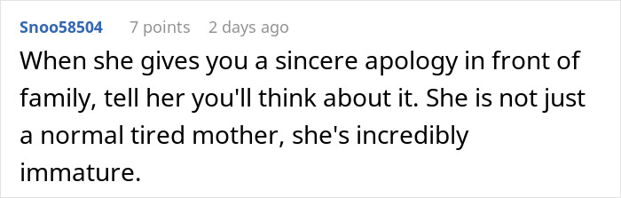 Comment about a sibling refusing newborn nephew care, highlighting family tensions and immaturity.