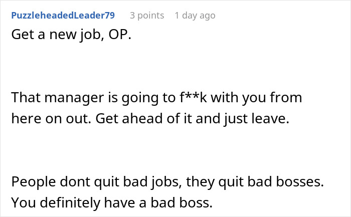 Screenshot of a Reddit comment advising to leave a job due to a bad boss and manager issues over employee time off.