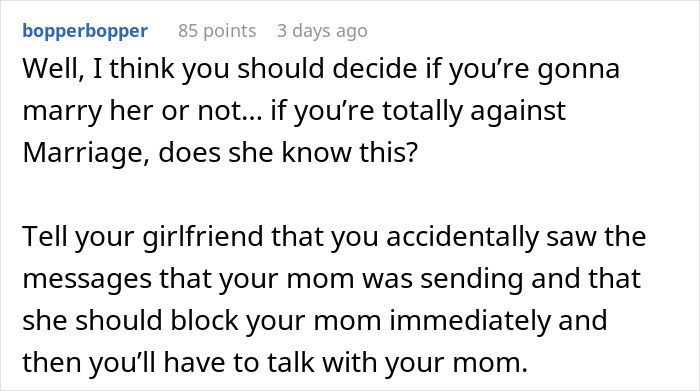Text conversation discussing a man cutting ties with his mother after she reveals true colors in texts to his girlfriend.
