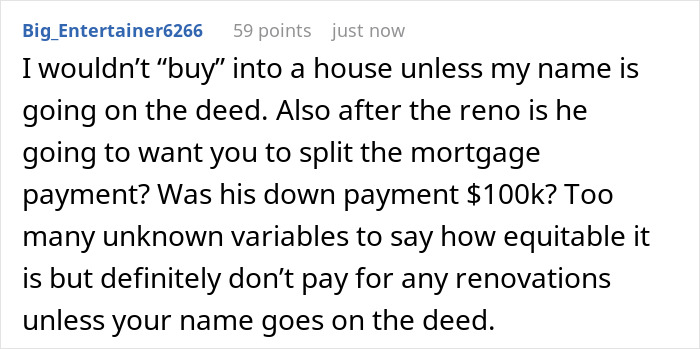 Screenshot of a forum comment discussing a $100k renovation dispute involving a ring and financing in a relationship.