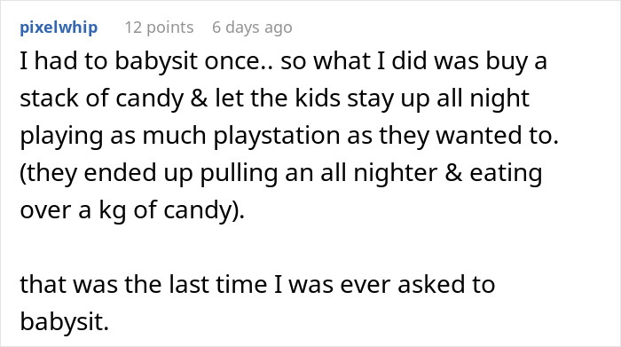 Screenshot of a Reddit comment about babysitting kids during a vacation with childfree cousin refusing responsibility.