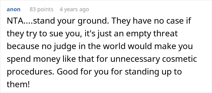 Comment on forum post defending woman suing half-brother over use of family health fund for plastic surgeries.