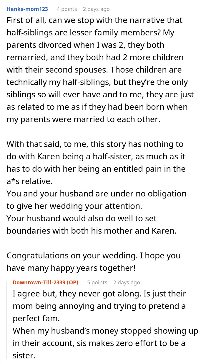 Reddit user comment discussing family dynamics and sibling relationships in a conversation about cheap birthday gifts and bills.