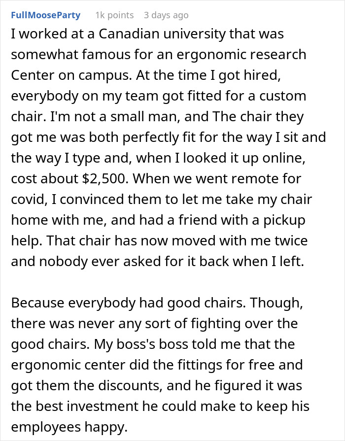 Person with $1.8K ergonomic office chair shares story about its value and job loss over it. Person with $1.8K ergonomic office chair shares story about its value and job loss over it.