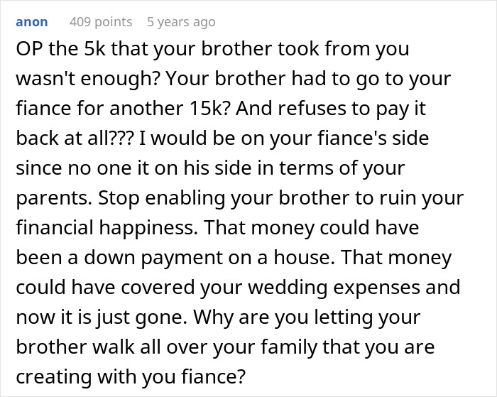 Comment discussing bride&rsquo;s family conflict after fianc&eacute; threatens legal action over brother&rsquo;s financial dispute.