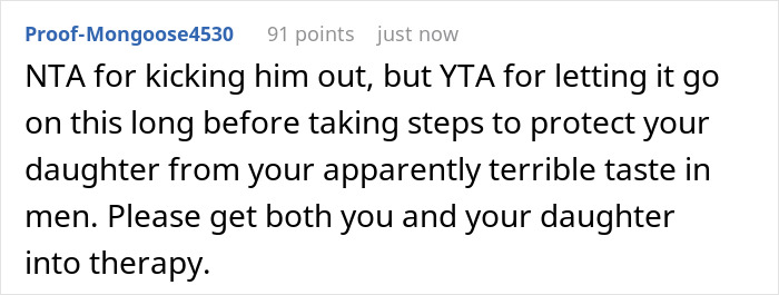 Comment on a forum about boyfriend and daughter snitch drama, advising therapy and protection steps. Comment on a forum about boyfriend and daughter snitch drama, advising therapy and protection steps.