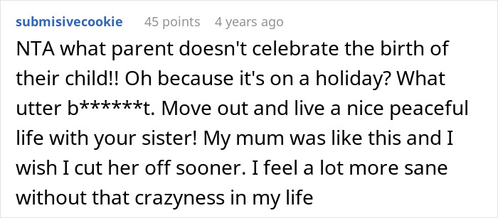 Screenshot of a Reddit comment criticizing a mom who hates celebrating kids’ birthdays during holidays, impacting relationships. Screenshot of a Reddit comment criticizing a mom who hates celebrating kids’ birthdays during holidays, impacting relationships.