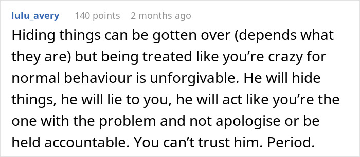 Screenshot of online comment discussing trust issues with a husband&rsquo;s locked office and defensive behavior during pregnancy.