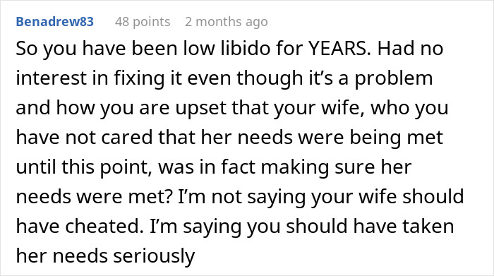 Comment discussing husband refusing intimacy for years and wife seeking someone else due to unmet needs and low libido.