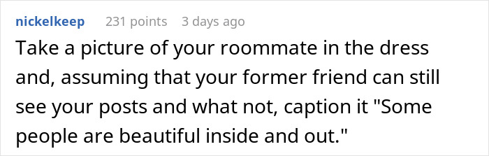 Screenshot of a Reddit comment about a woman refusing to pay $90 for an altered borrowed dress without permission.