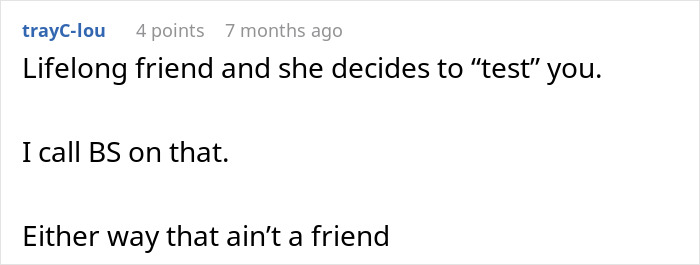 Screenshot of an online comment discussing a guy failing to pass a lady's unexpected loyalty test in their longtime friendship.