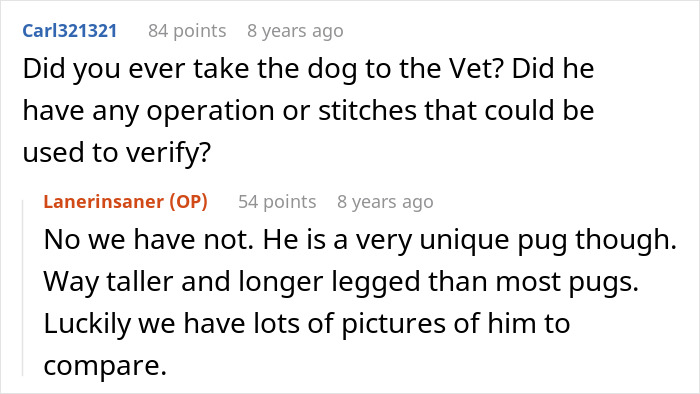 Commenters discussing verification and unique features of a stolen wife&rsquo;s dog involving sister-in-law&rsquo;s claims.